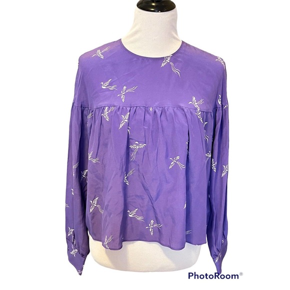 Wilfred Aritzia •XXS• Crane Bird Print Silk Crepe Blouse Top Keyhole Back $110 - Picture 4 of 10